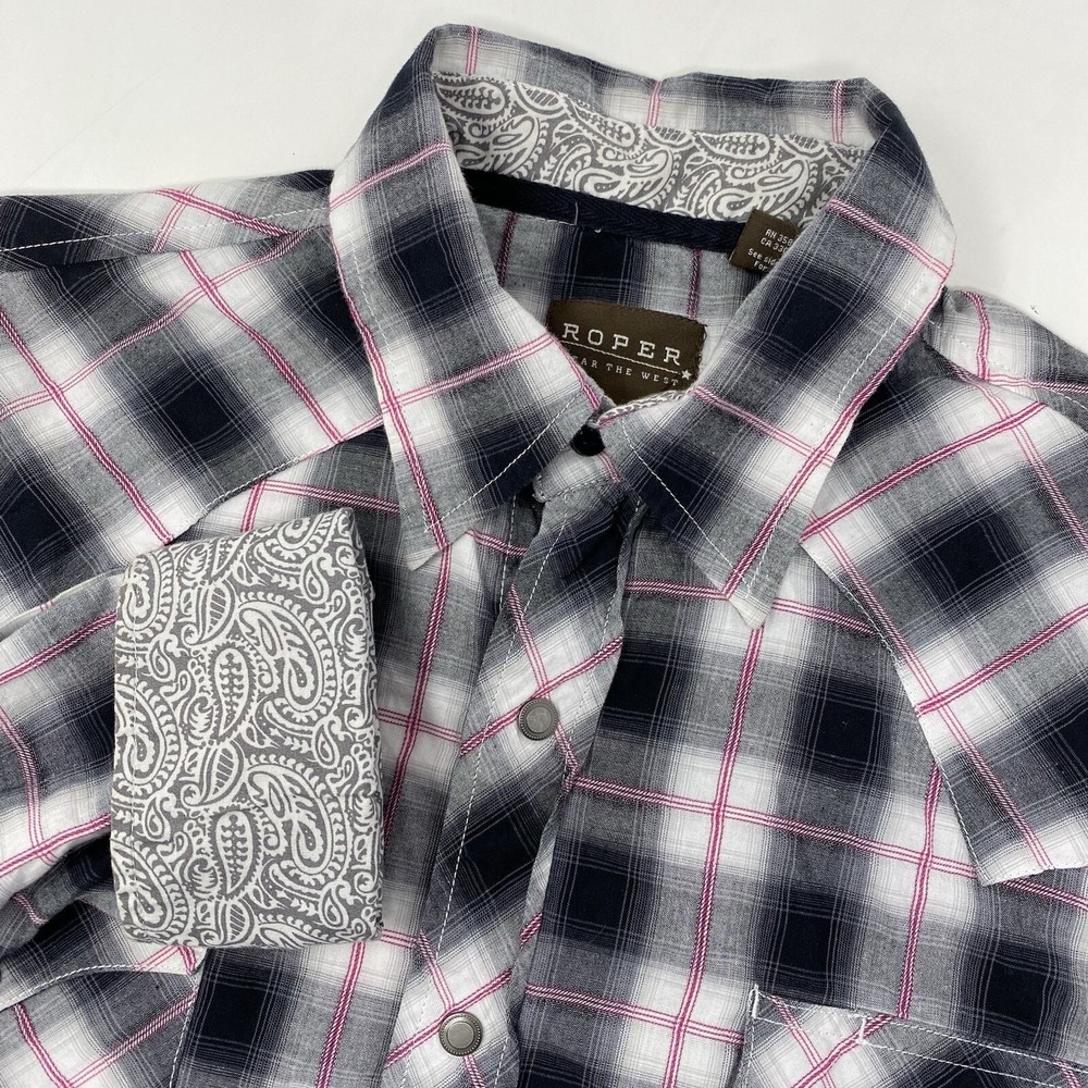 Roper Western Shirt‎ Mens Large Black White Pink Plaid Pearl Snap Paisley Trim